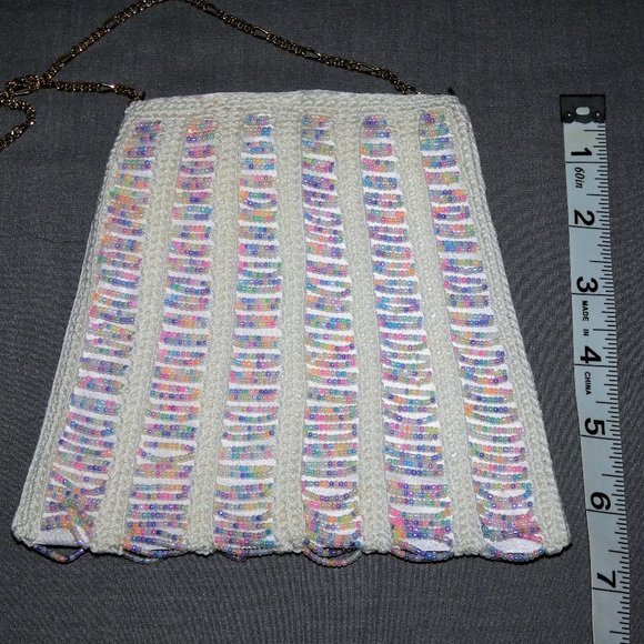 Vintage White Beaded Crochet Pouch Purse Bag Wedding Evening Bag Hand Crafted - Picture 5 of 7